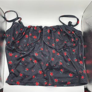 Black cropped tank top with red floral print